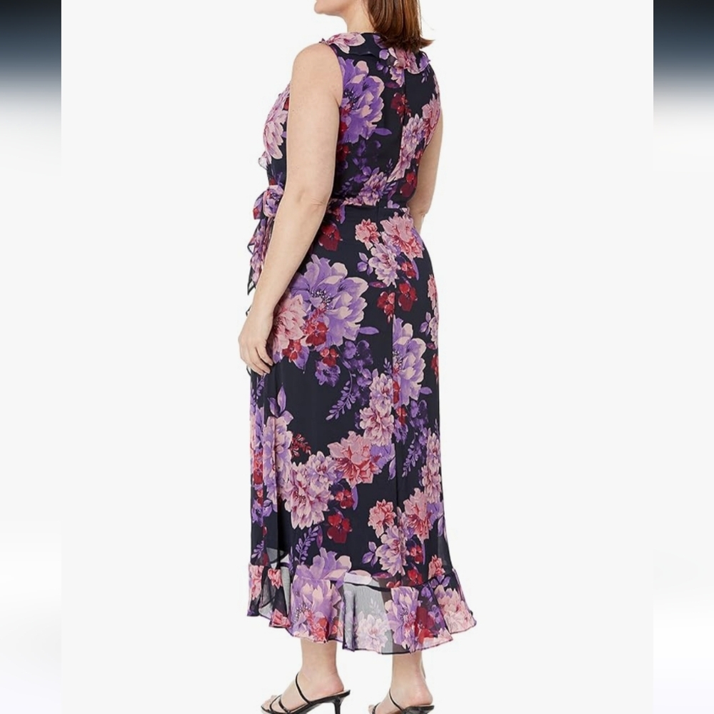 London Times Dark Floral Ruffled Midi Dress. Wedding Guest, Garden Party - Picture 6 of 14